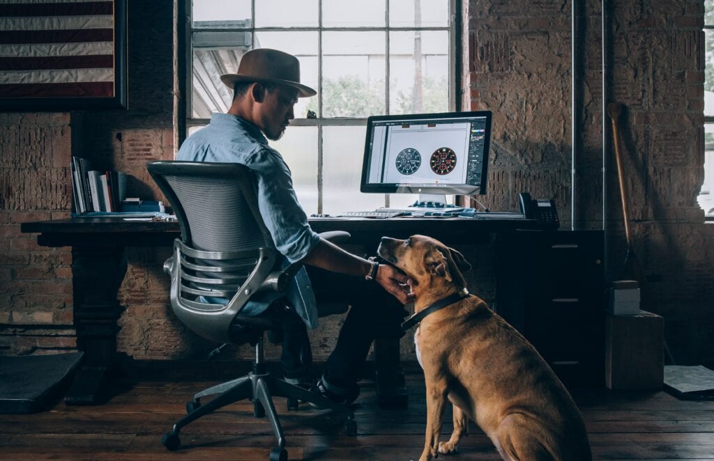 Ein Hund sitzt neben dem Schreibtisch